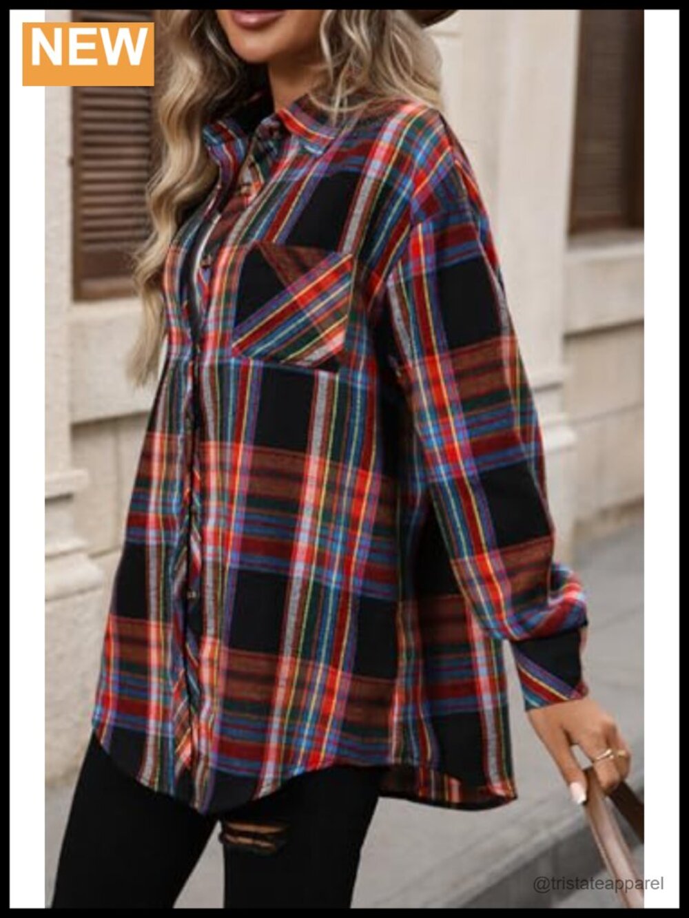 Women's Oversized Flannel Shirt Button Down Long Sleeve Plaid Shacket Blouse - Picture 4 of 6